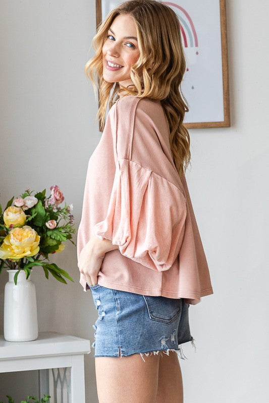 Washed Bubble Sleeve Knit Top