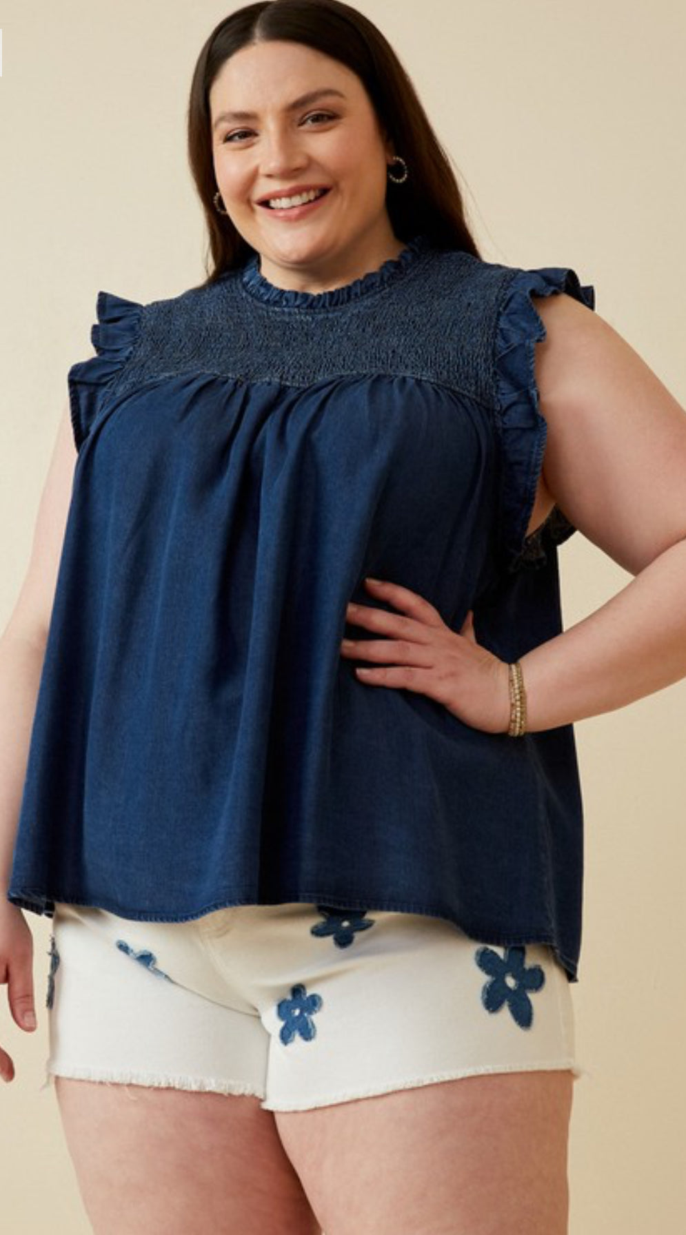 Women’s Washed Denim Smocked Tank