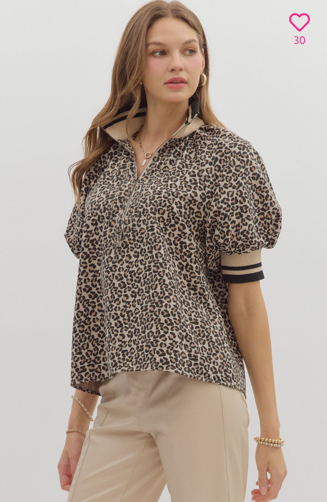 Women’s Leopard Print Puff Sleeve Half-Zip Top