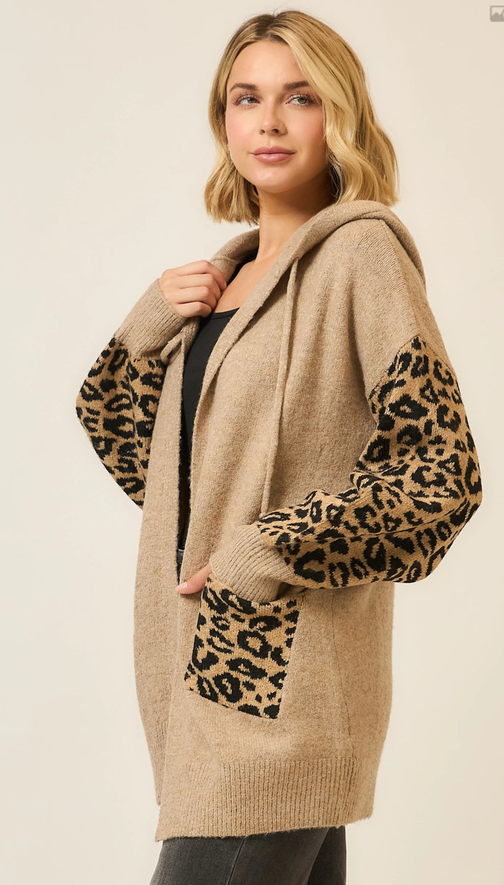 Hooded Leopard Print Contrast Cardigan