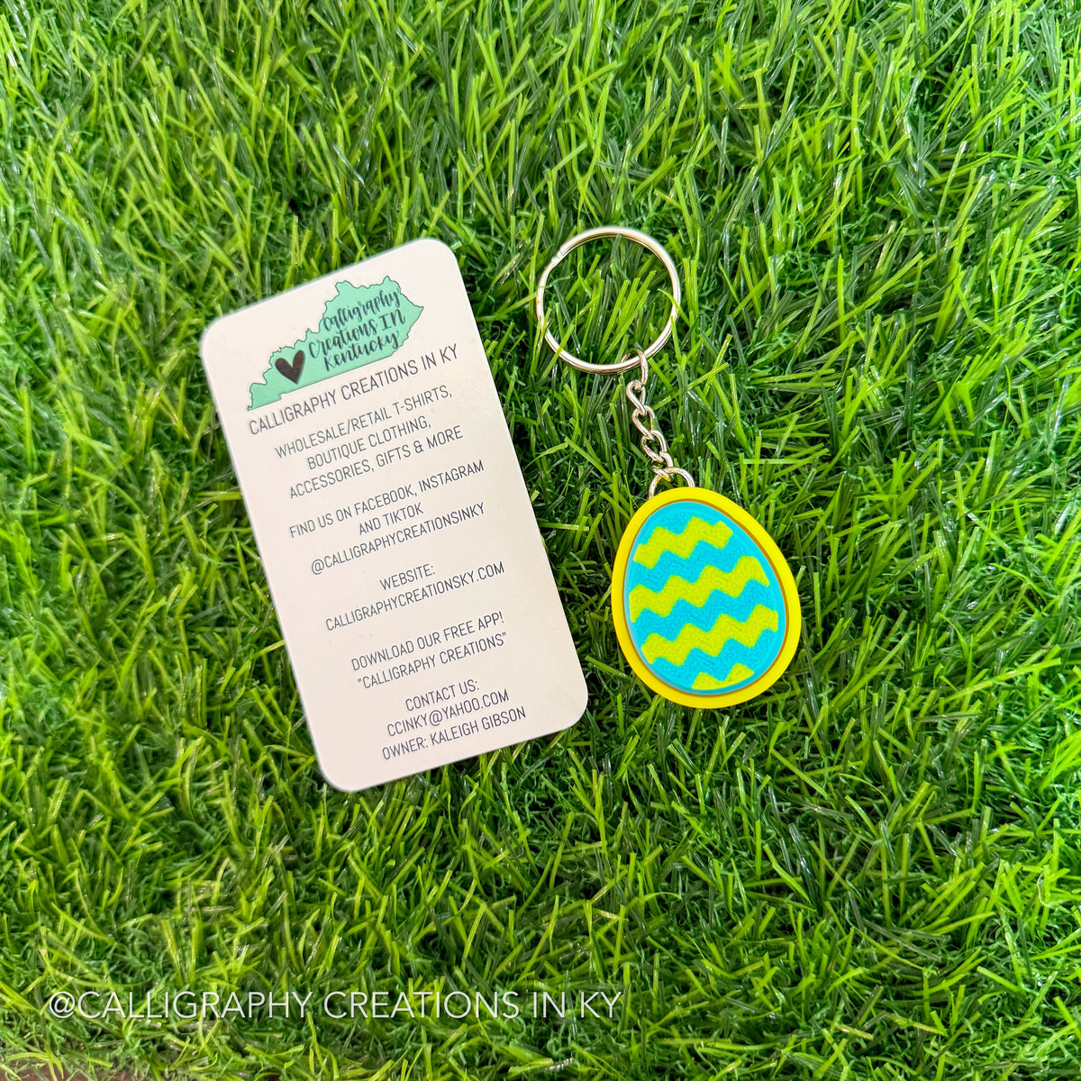 Turquoise/Yellow Chevron Egg Fidget Clicker Keychain