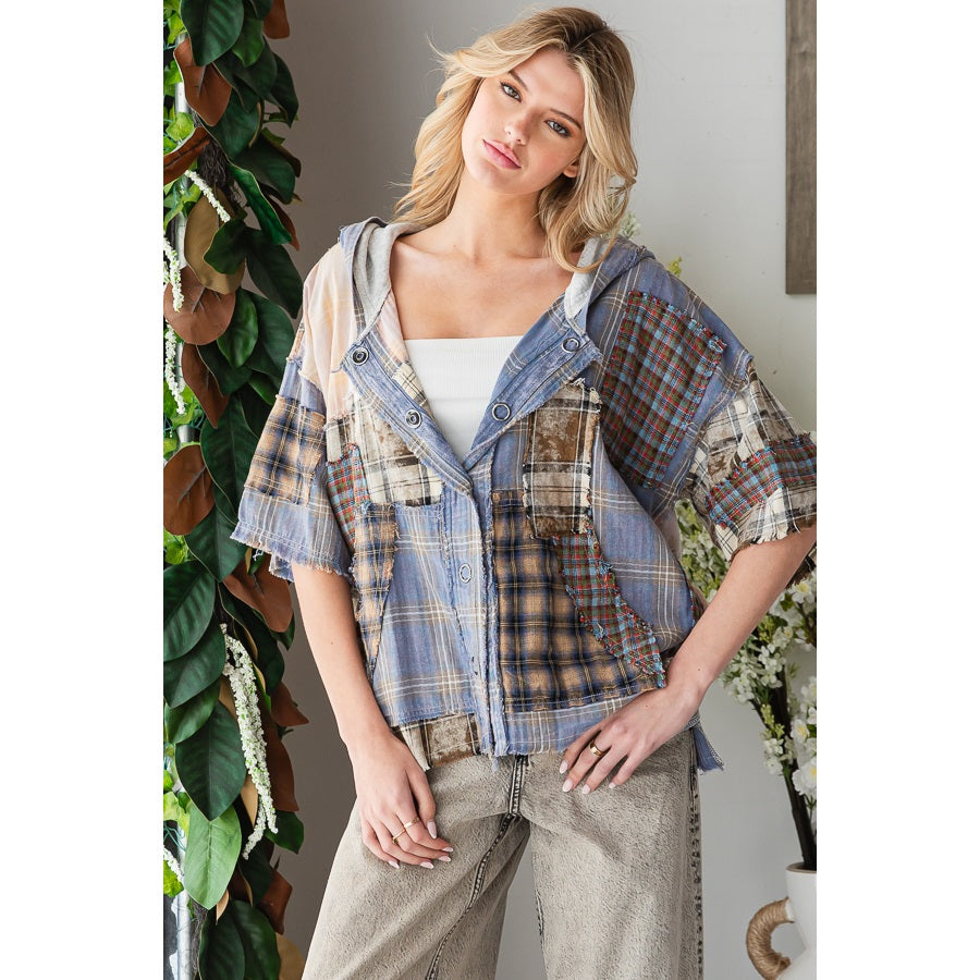 Washed Plaid Mix Buttondown Hoodie Top