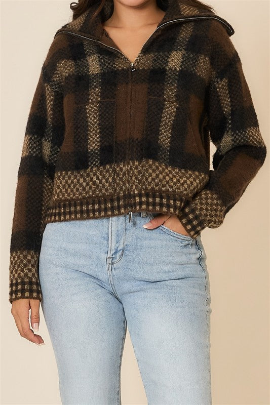 Plus Plaid Knit Zip-Up Jacket with High Neck Collar