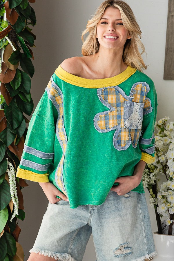 Washed Flower Patchwork Knit Top