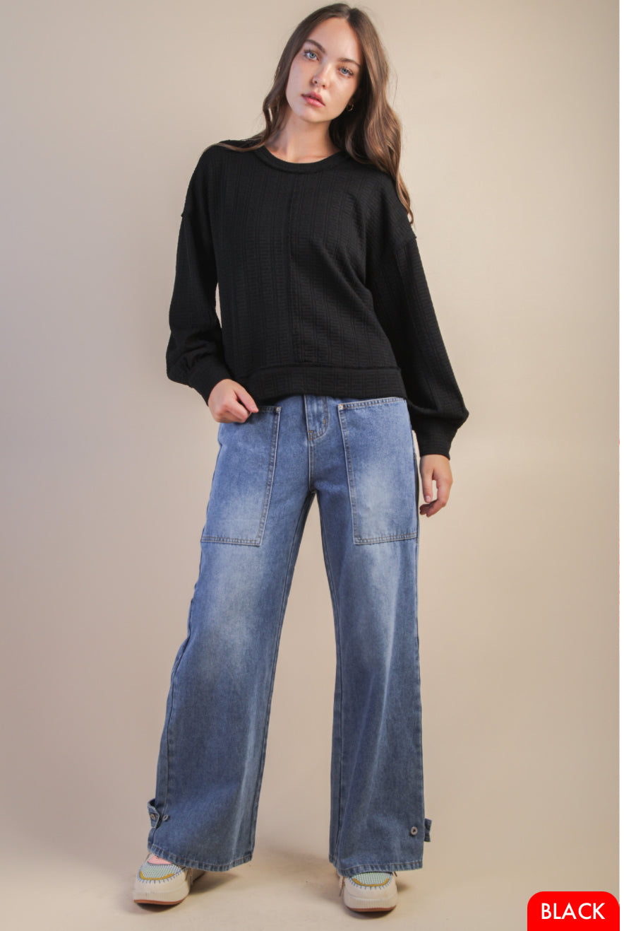 Raw Edge Detail Oversized Textured Knit Top - Talk of the Town