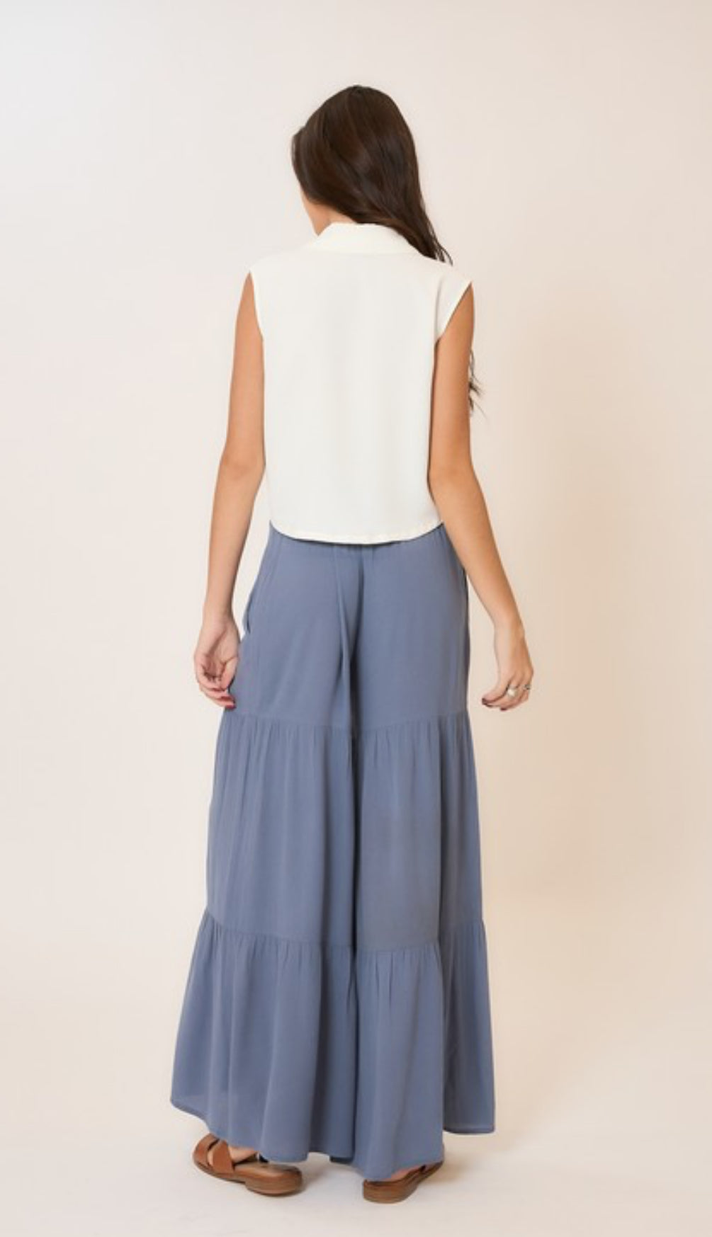 Smocked Waist Tiered Wide Leg Pants with Pockets