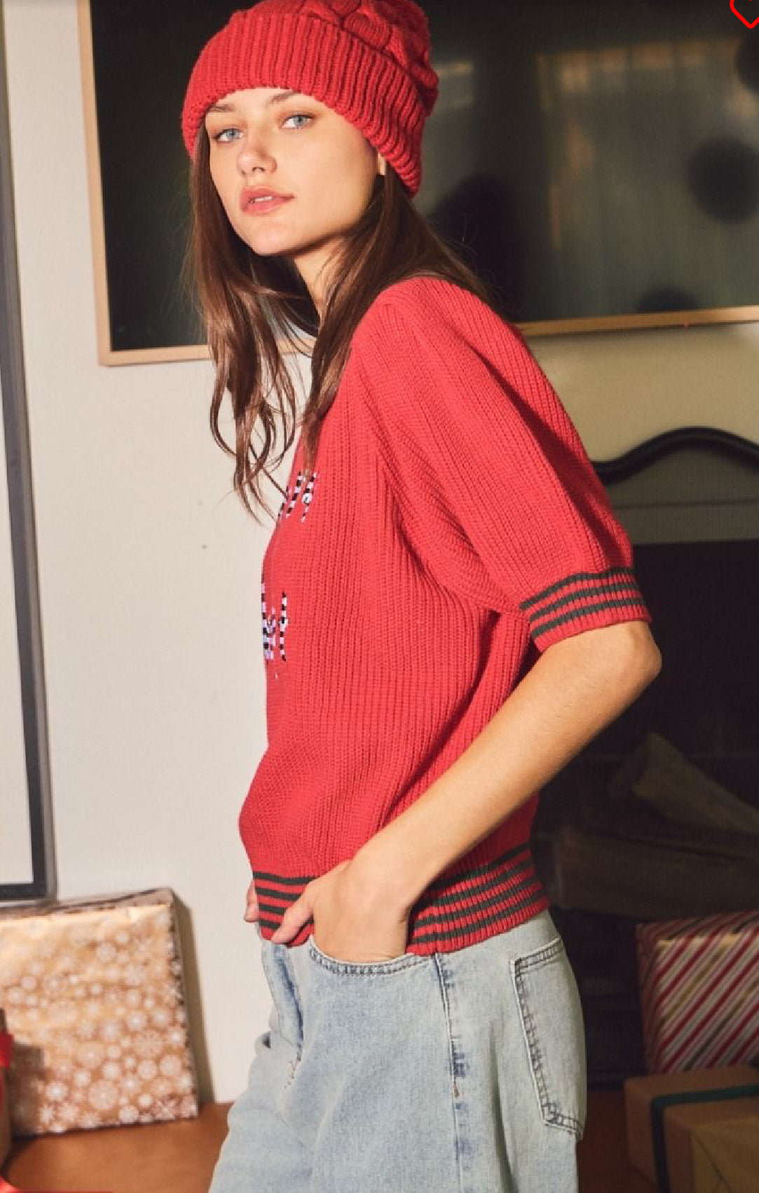 Merry & Bright Knitted Puff Sleeve Holiday Sweater