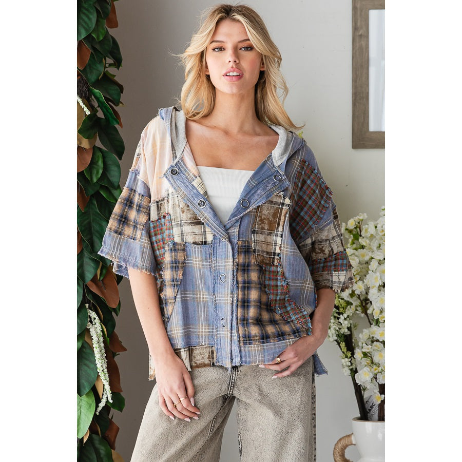 Washed Plaid Mix Buttondown Hoodie Top