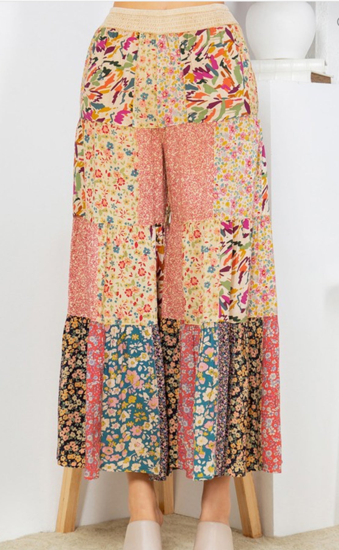 Boho Patchwork Wide Leg Pants – Latte