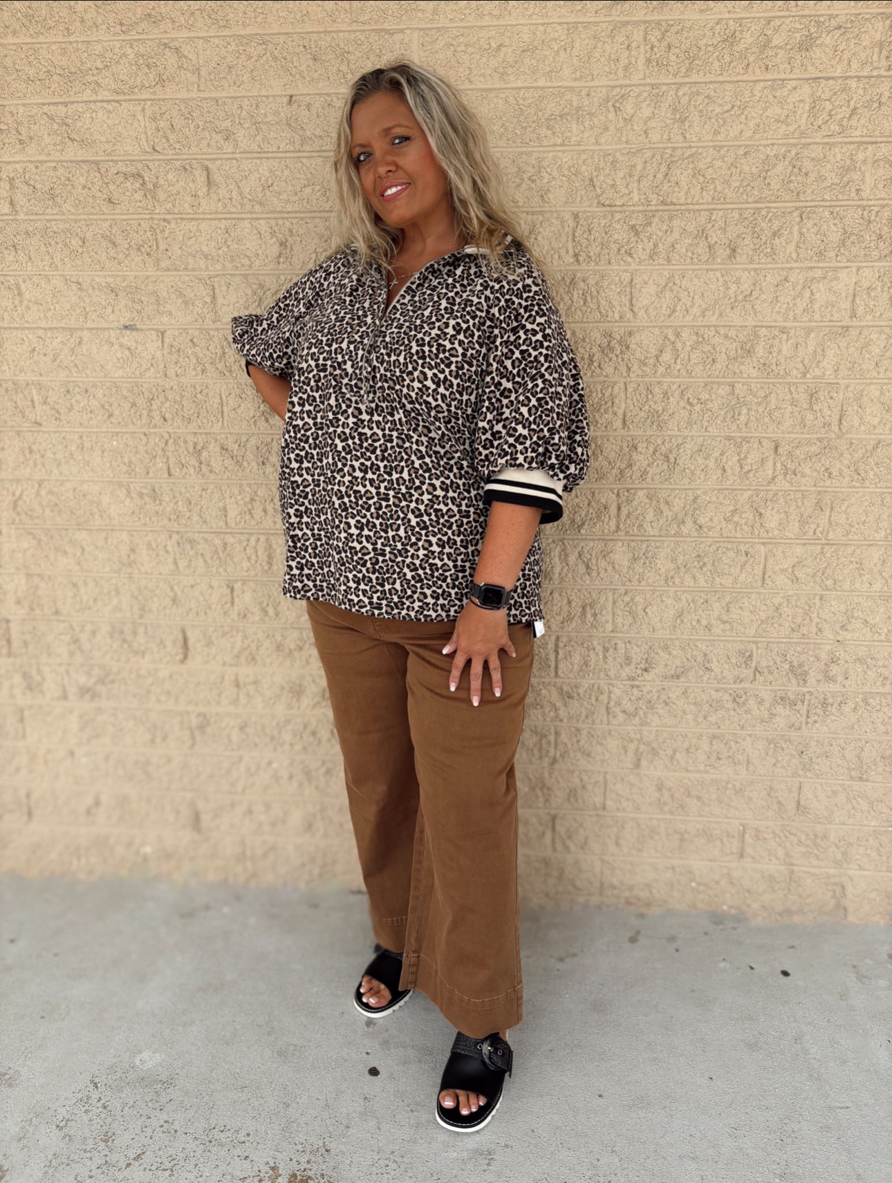 Women’s Leopard Print Puff Sleeve Half-Zip Top