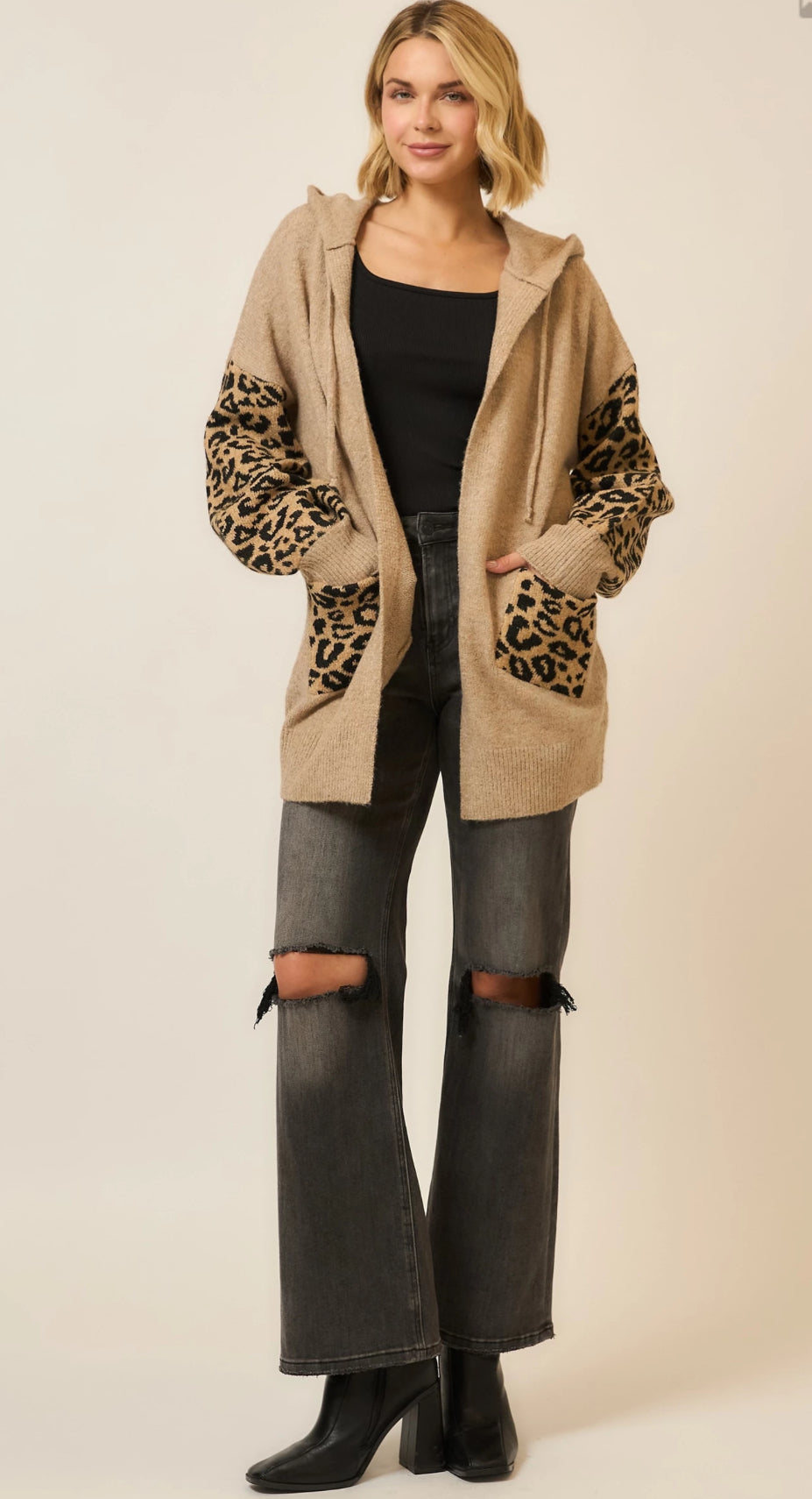 Hooded Leopard Print Contrast Cardigan