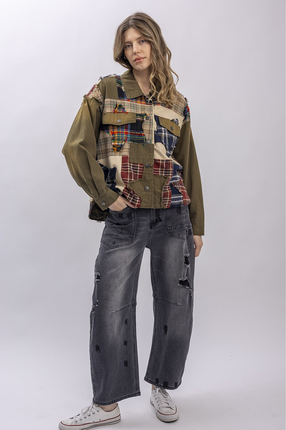 Plaid Patched Button Down Jacket - Talk of the Town