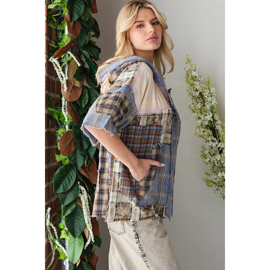 Washed Plaid Mix Buttondown Hoodie Top