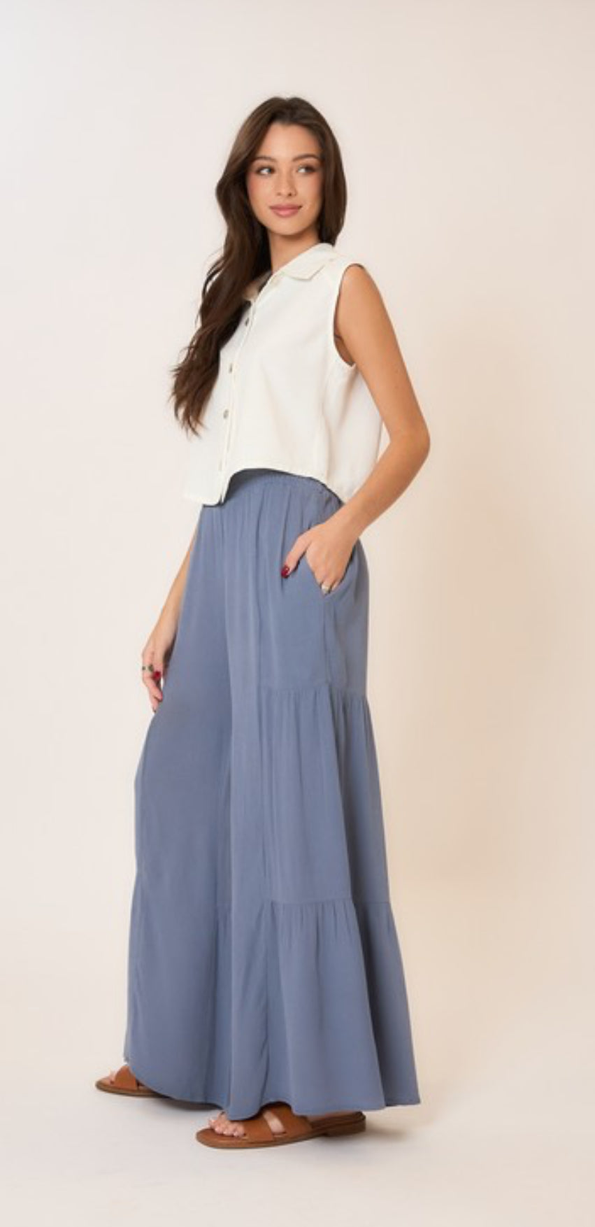 Smocked Waist Tiered Wide Leg Pants with Pockets