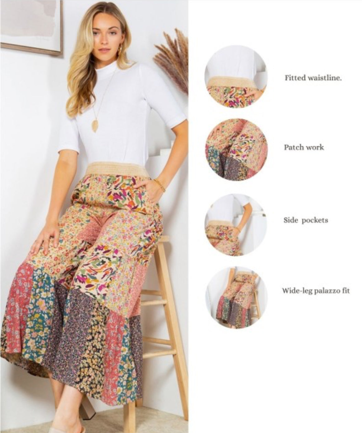 Boho Patchwork Wide Leg Pants – Latte
