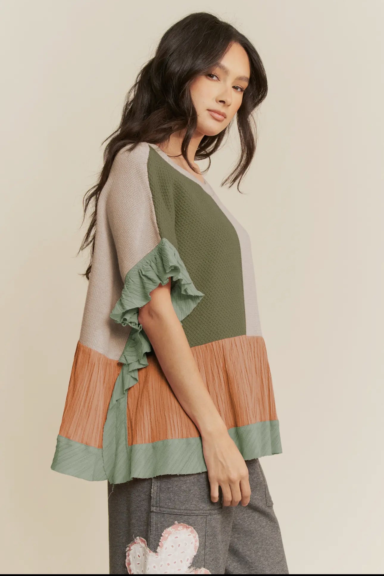 Mixed Fabric Ruffle Detail Sweater Top