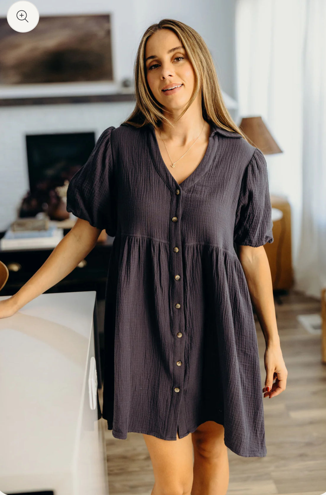Textured Cotton Button-Down Babydoll Dress