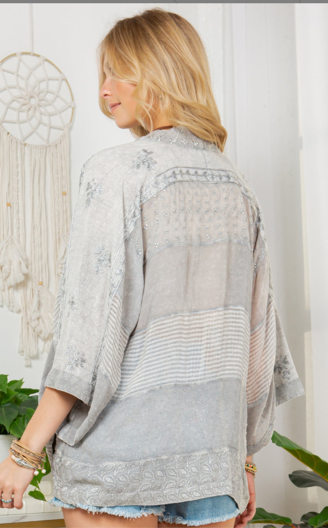 Boho Patchwork Embroidered Kimono – Grey