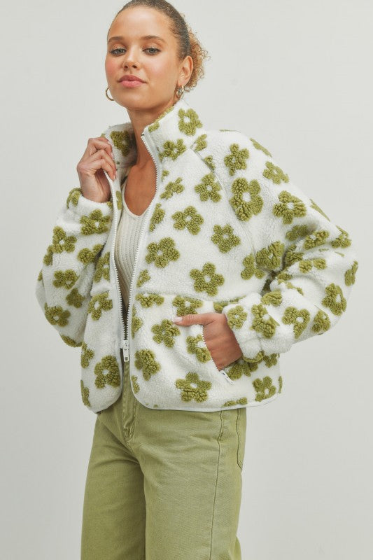 Green and white daisy pattern sherpa jacket with side pockets