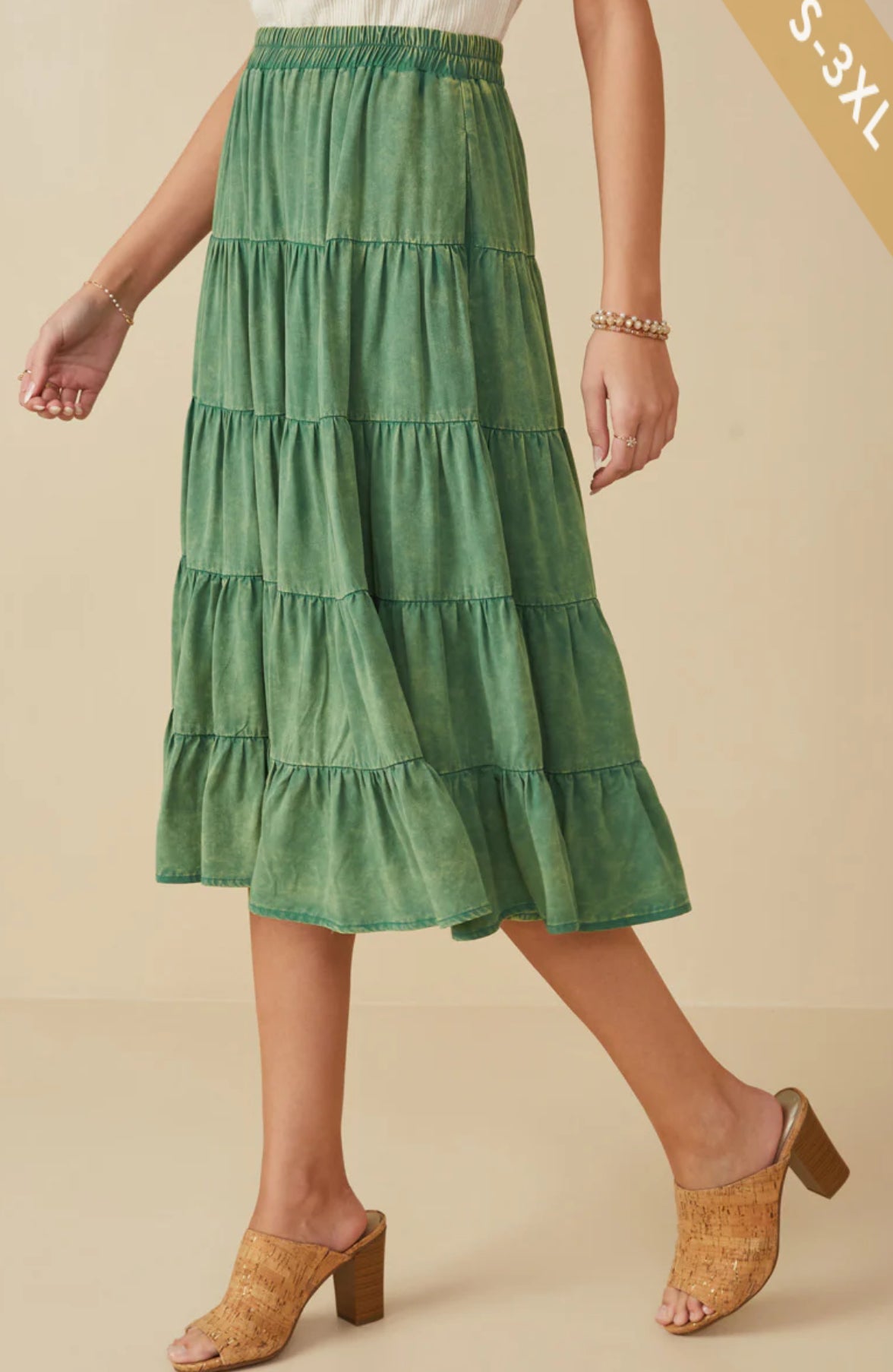 Womens Mineral Washed Green Tiered Maxi Skirt