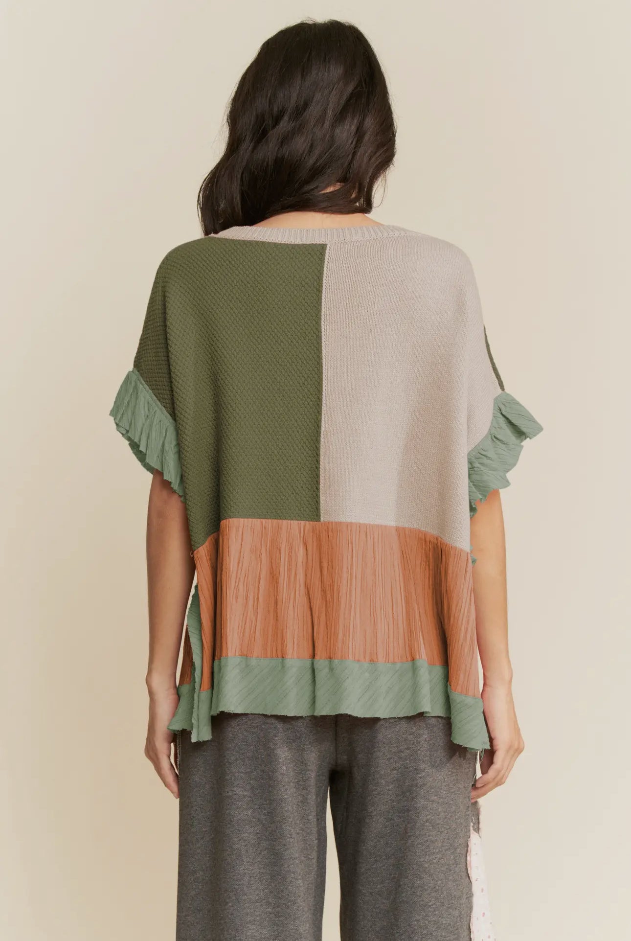 Mixed Fabric Ruffle Detail Sweater Top