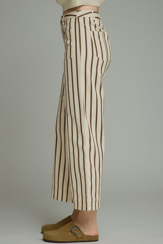 Entro-Stripe ankle-length pants featuring front pockets with button detail. Belt loops. Zip-fly button front closure. Back pockets.