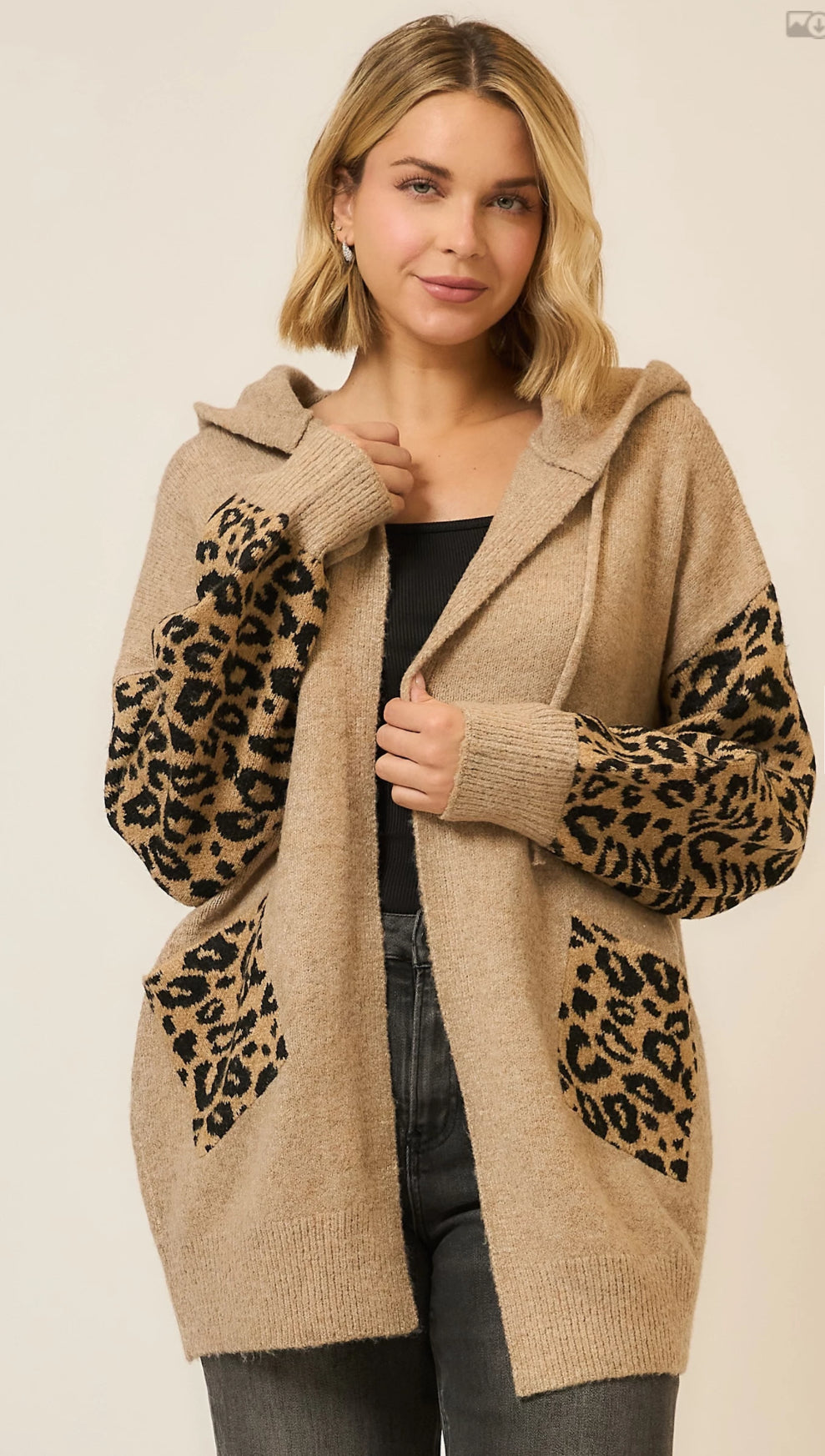 Hooded Leopard Print Contrast Cardigan