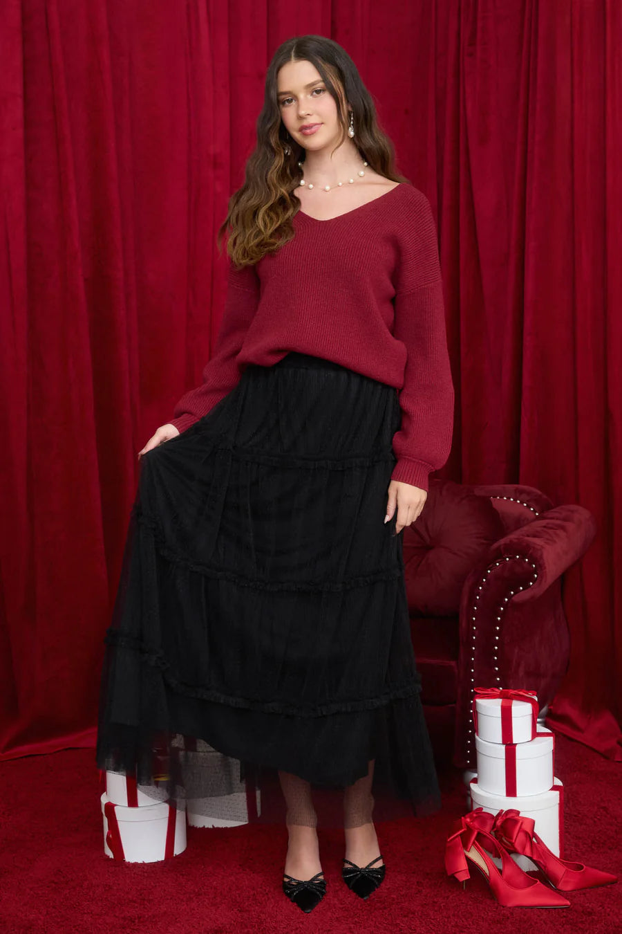 Polka dot Tulle Tired Midi Skirt