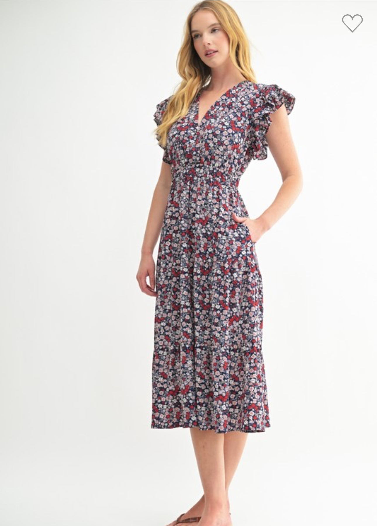 Ditsy Floral Midi Tiered Dress with Flutter Sleeve