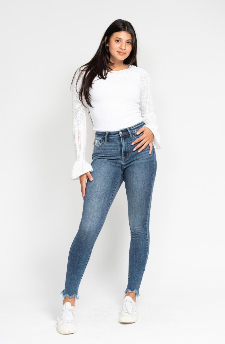HW Skinny Destroy & Shark Bit Hem Jeans • Judy Blue