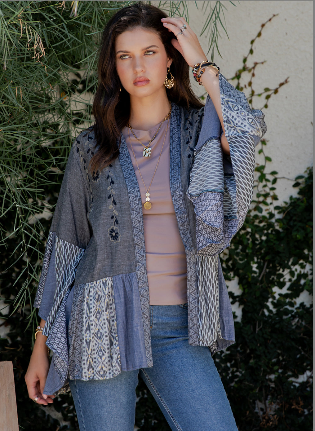 Boho Embroidered Patchwork Kimono Shrug – Chambray