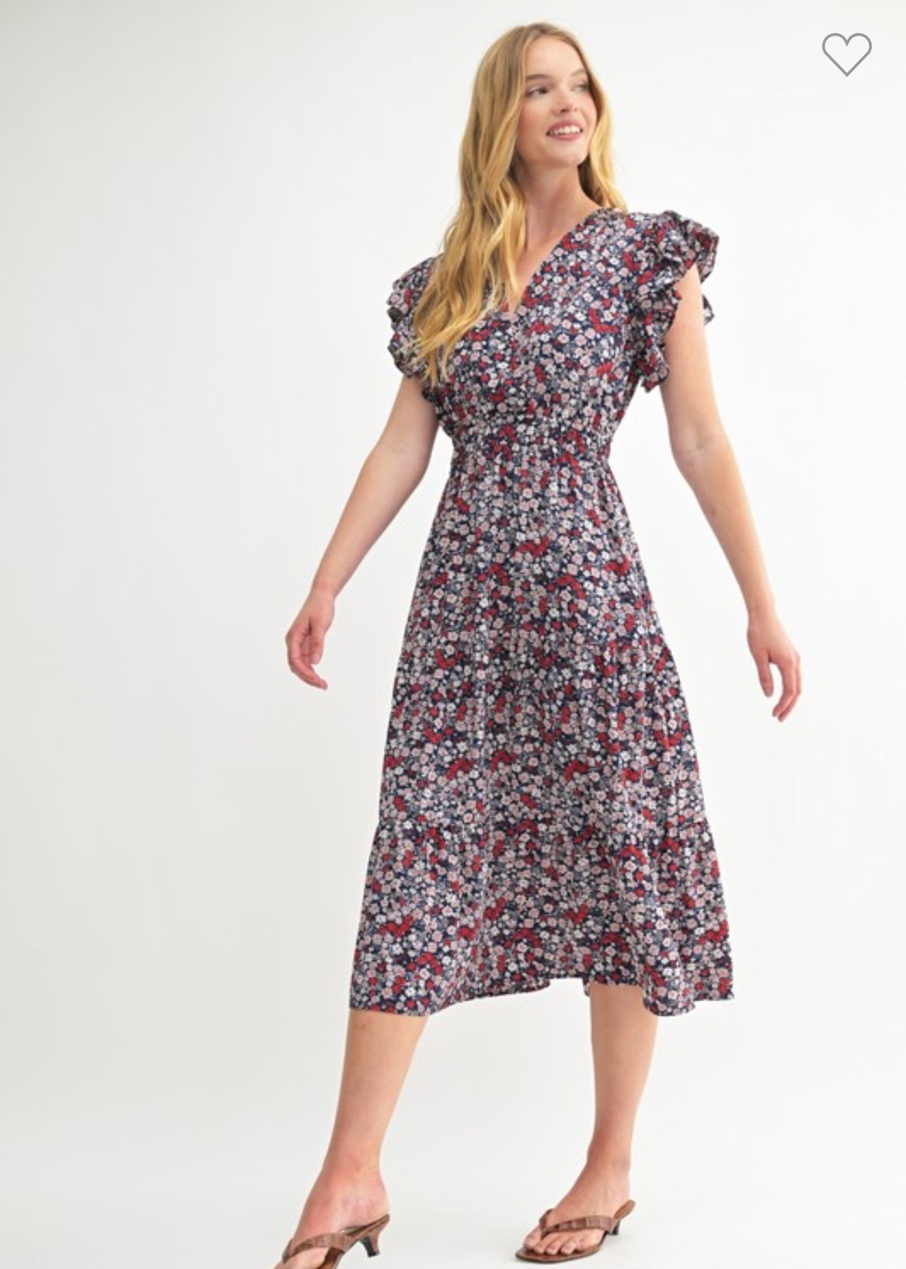 Ditsy Floral Midi Tiered Dress with Flutter Sleeve