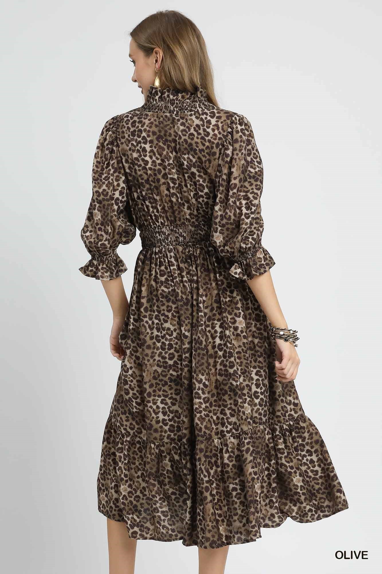Leopard Print Smocked Midi Dress