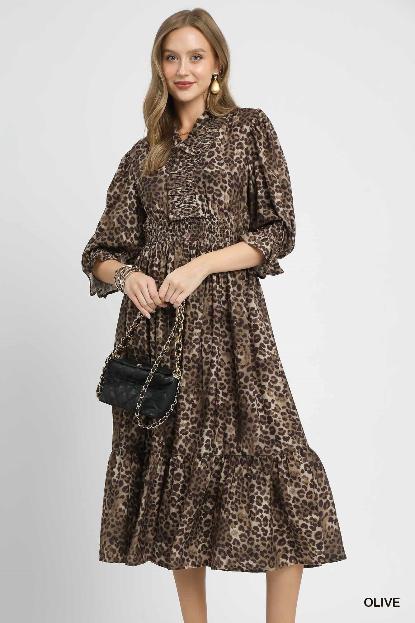 Leopard Print Smocked Midi Dress
