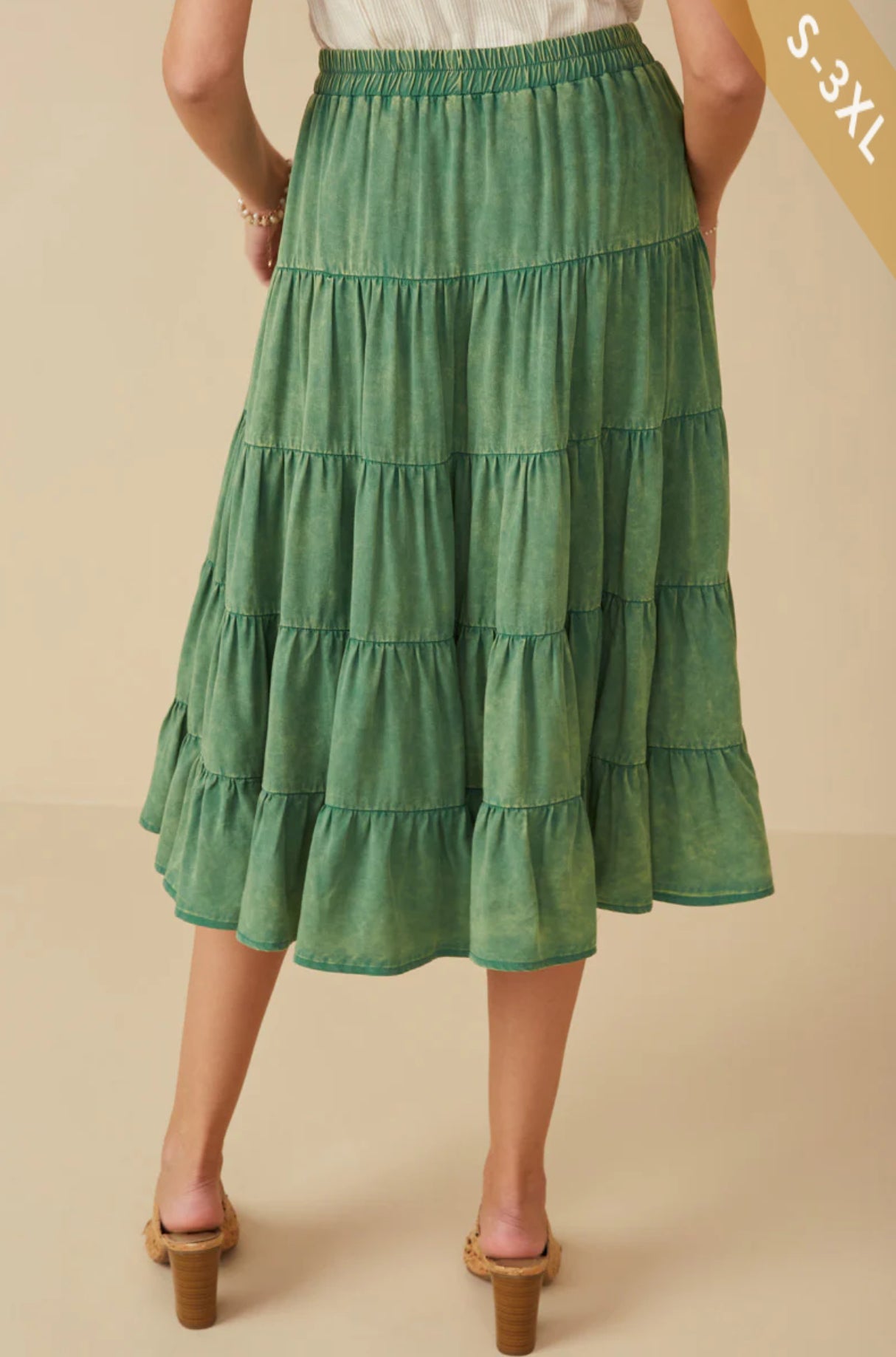 Womens Mineral Washed Green Tiered Maxi Skirt