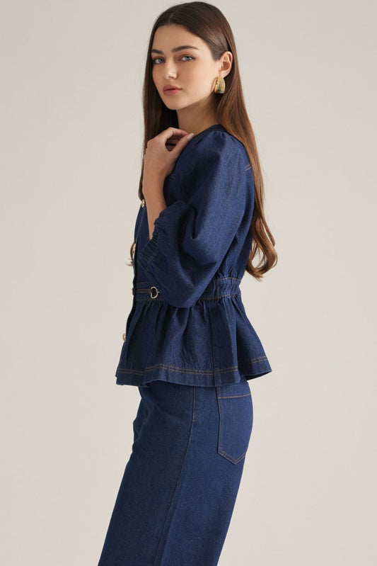 Entro-Solid ¾ puff sleeve denim top with round neckline and button closure at front