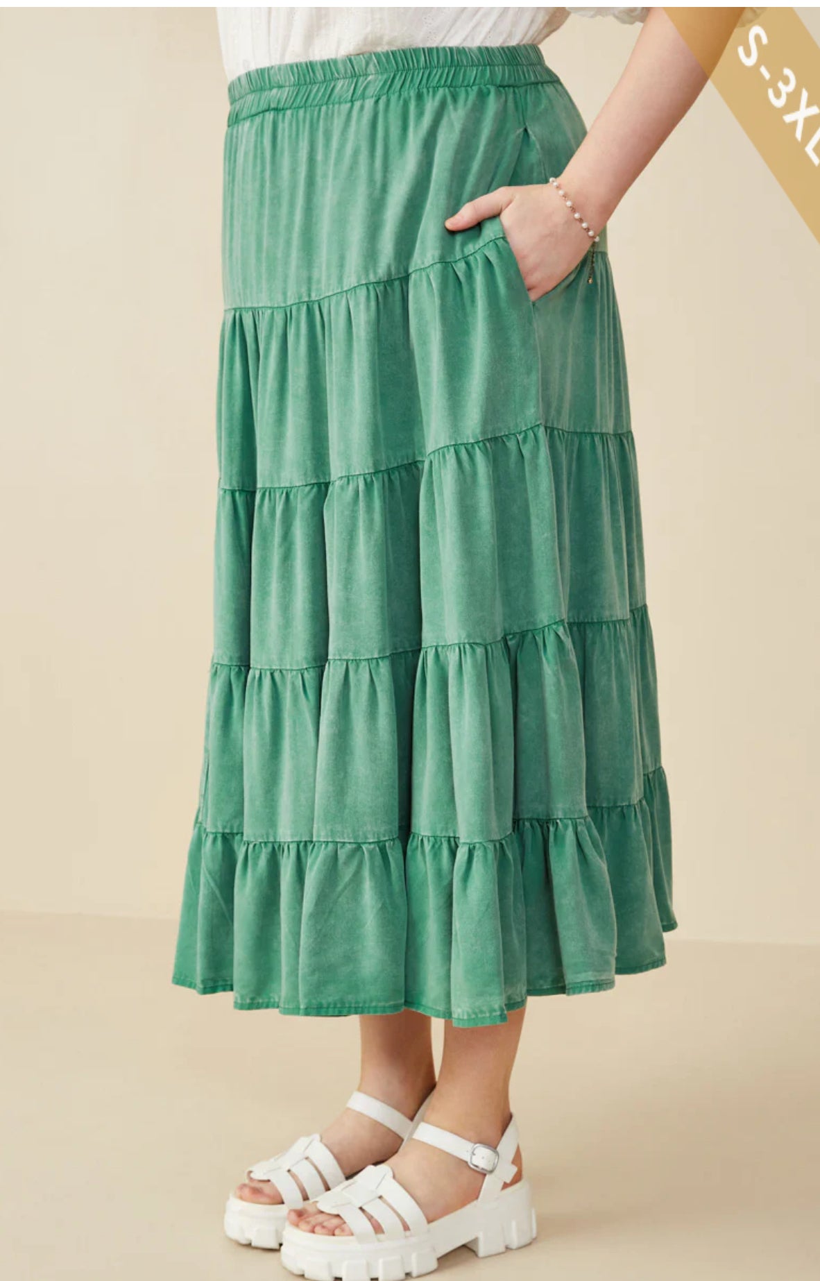 Womens Mineral Washed Green Tiered Maxi Skirt