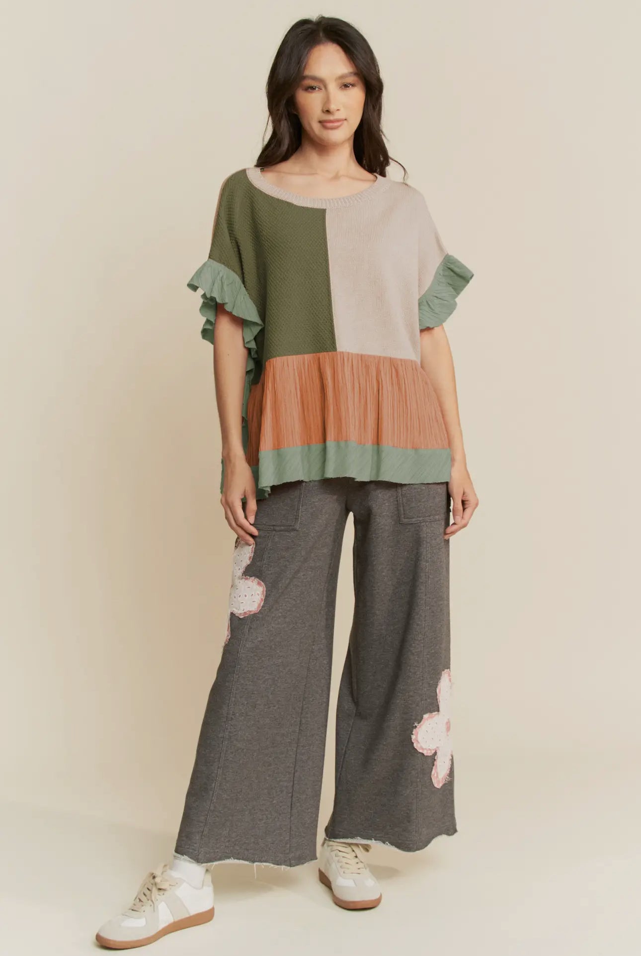 Mixed Fabric Ruffle Detail Sweater Top