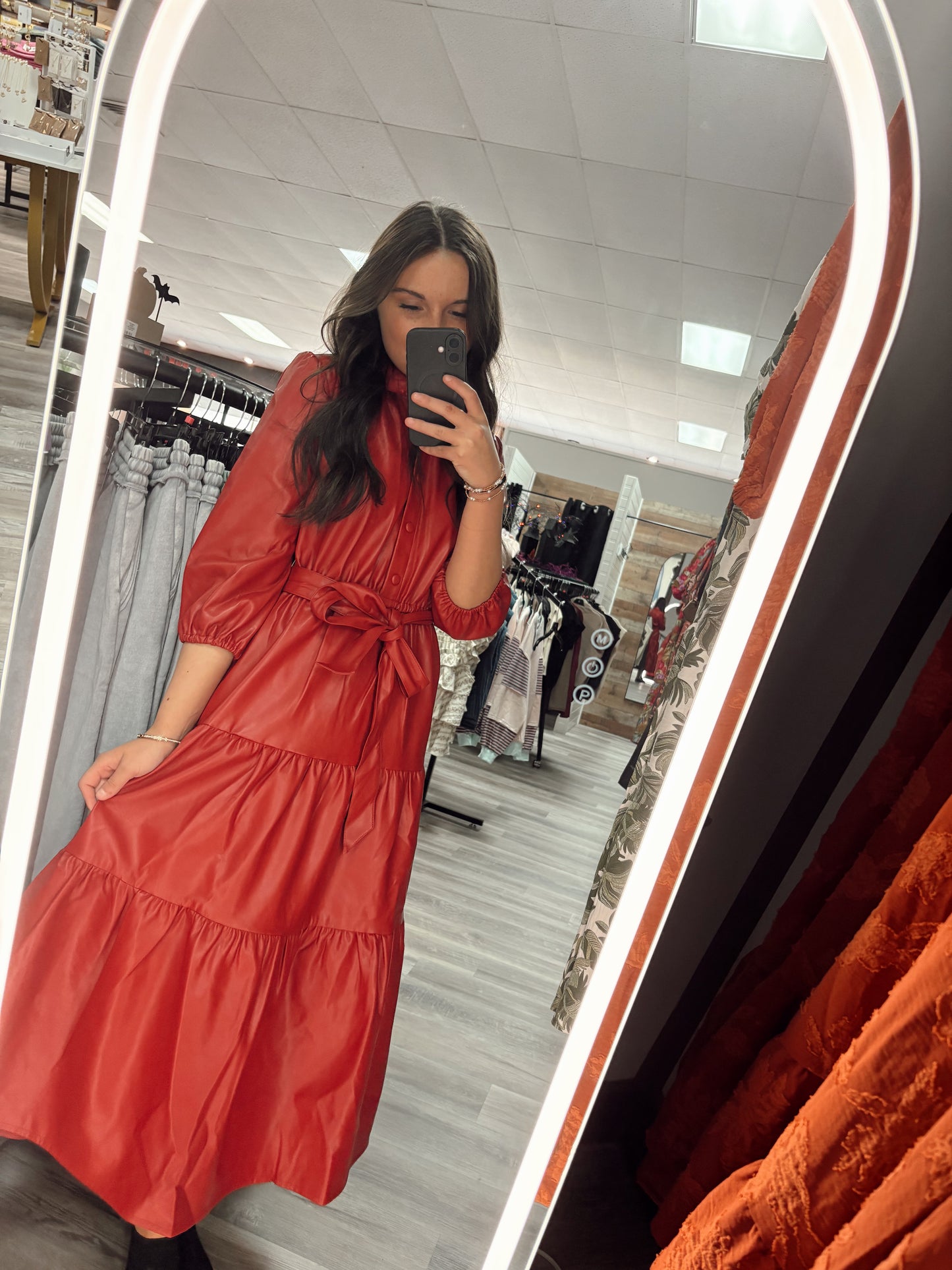 Faux Leather Tiered Midi Dress