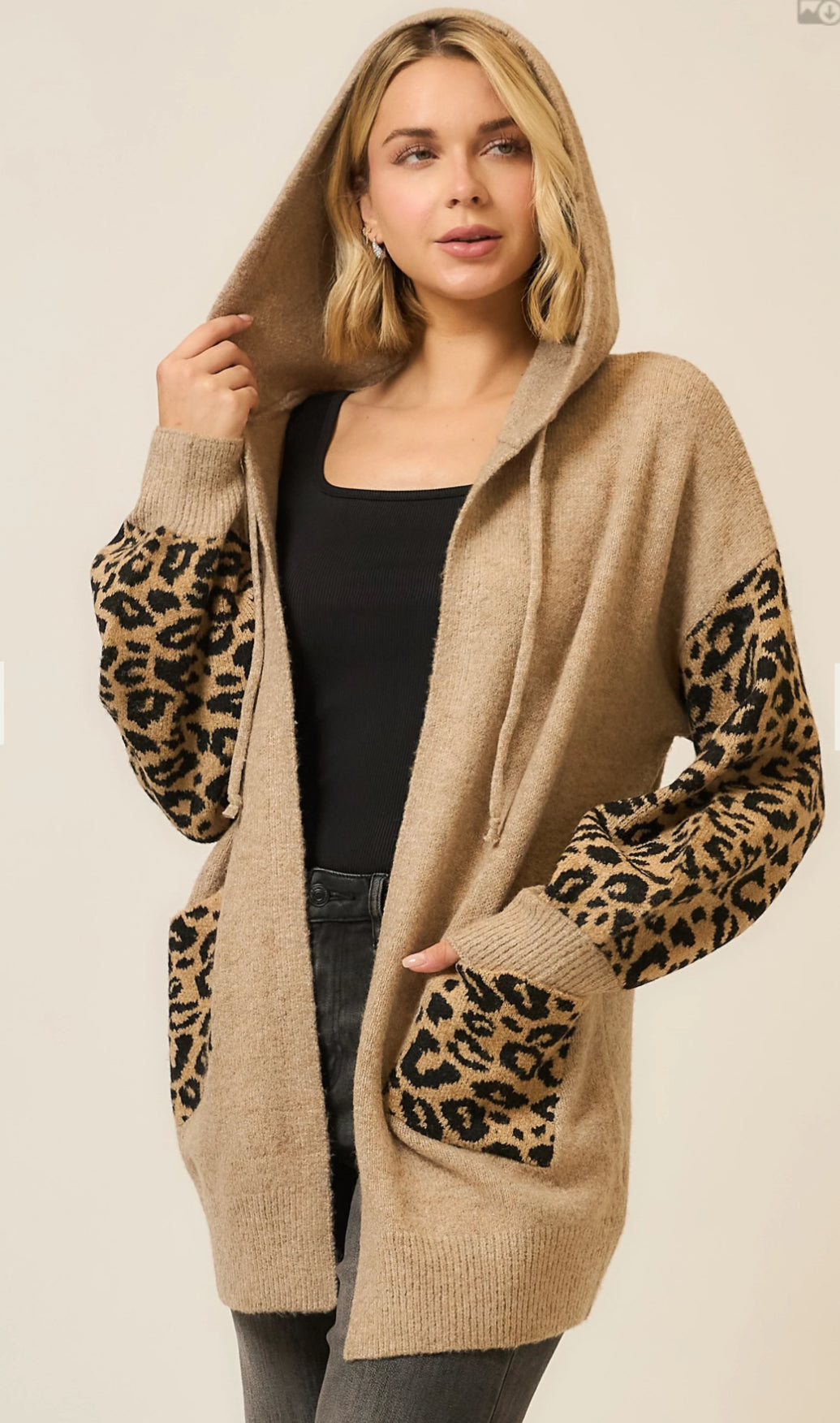 Hooded Leopard Print Contrast Cardigan