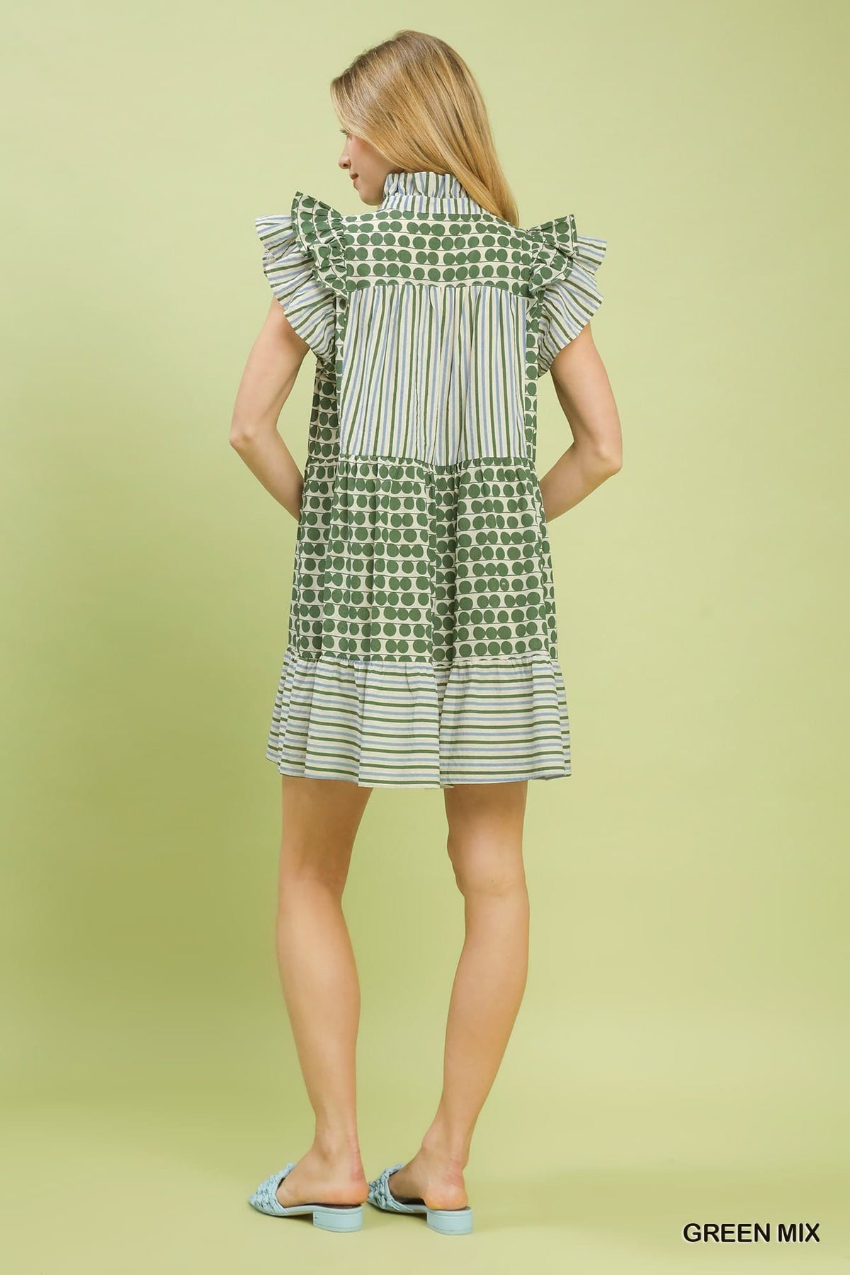 Umgee Mix Patchwork Flutter Sleeve Tiered Dress