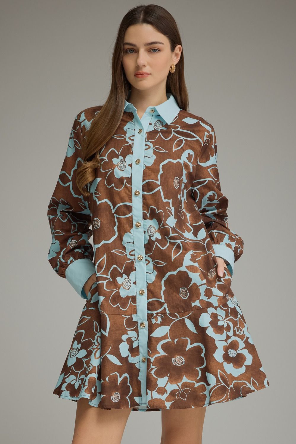 Mocha & Blue Blooms Shirt Dress