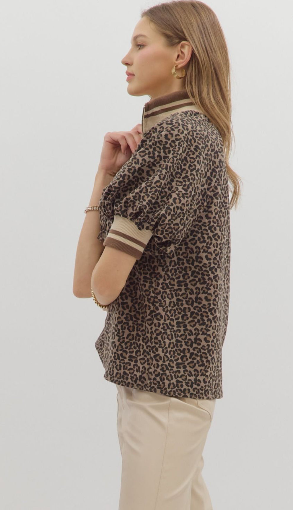 Women’s Leopard Print Puff Sleeve Half-Zip Top