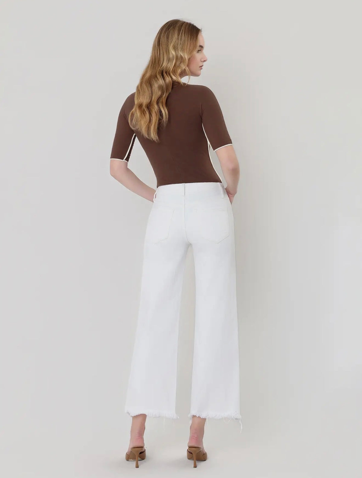 High Rise Uneven Raw Hem Crop Wide Leg Jeans