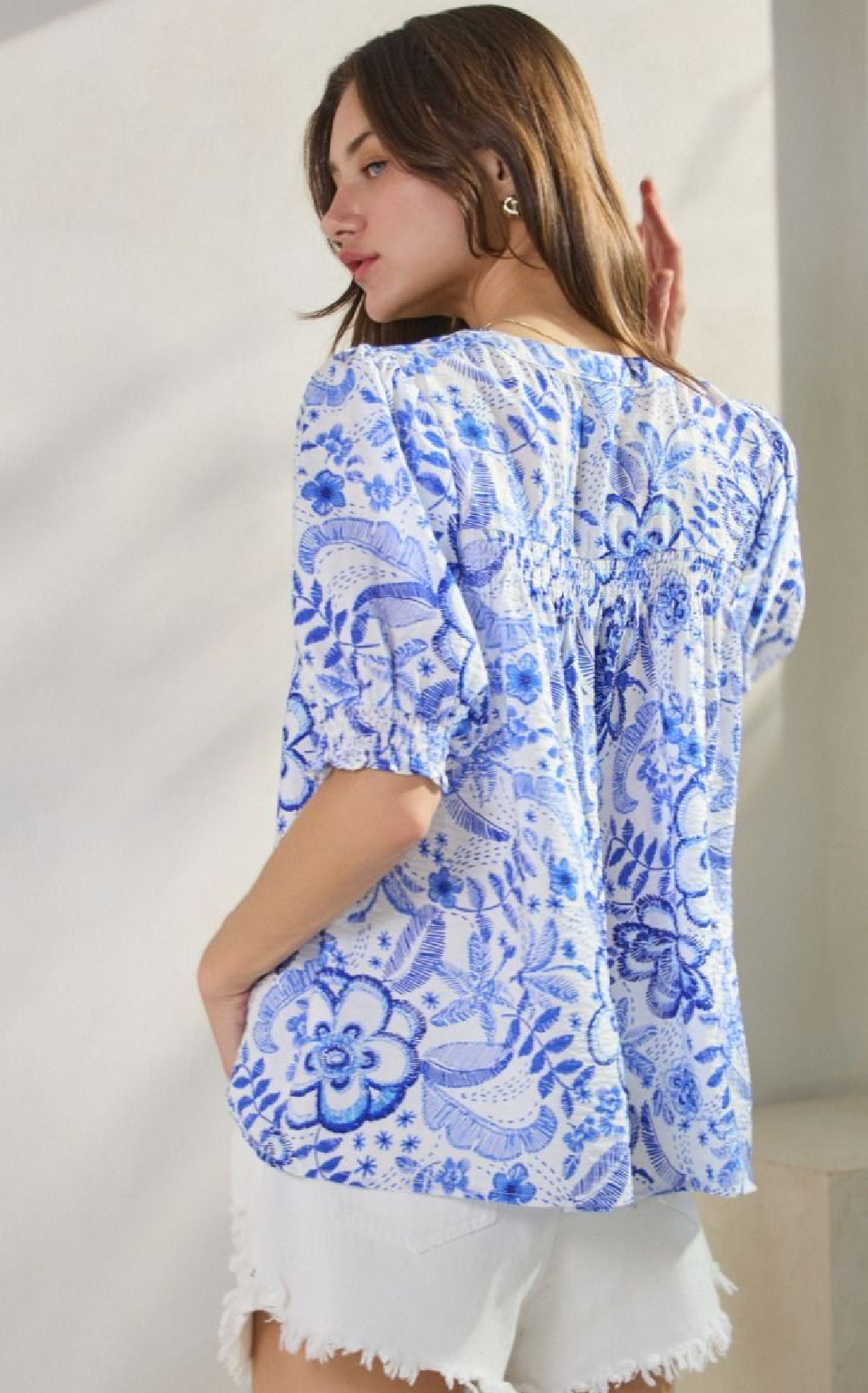 Summer resort printed short sleeve blouse
