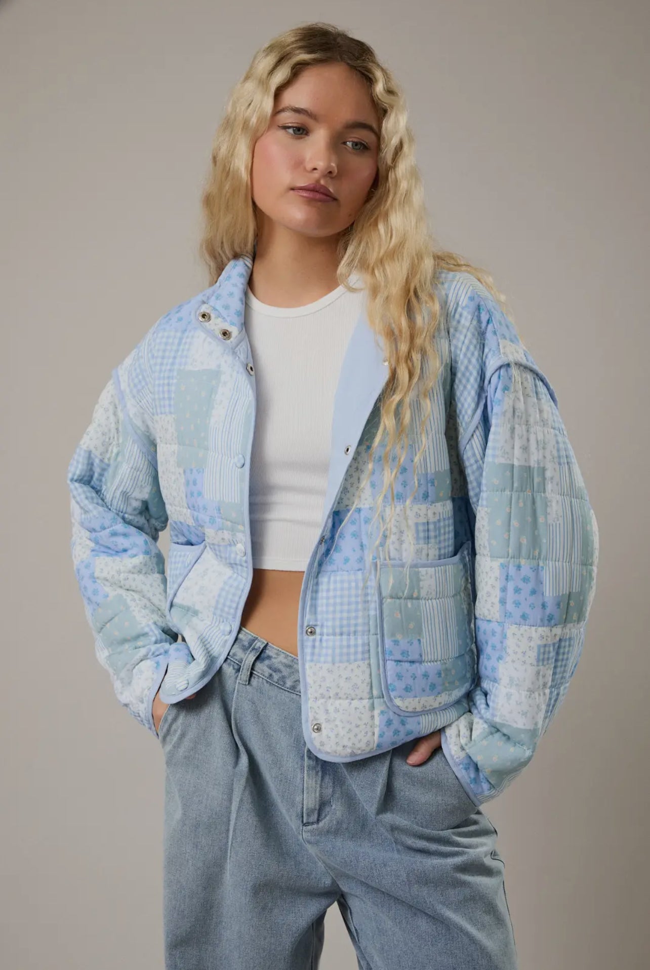 Drop Shoulder High Collared Patchwork Quilted Jacket