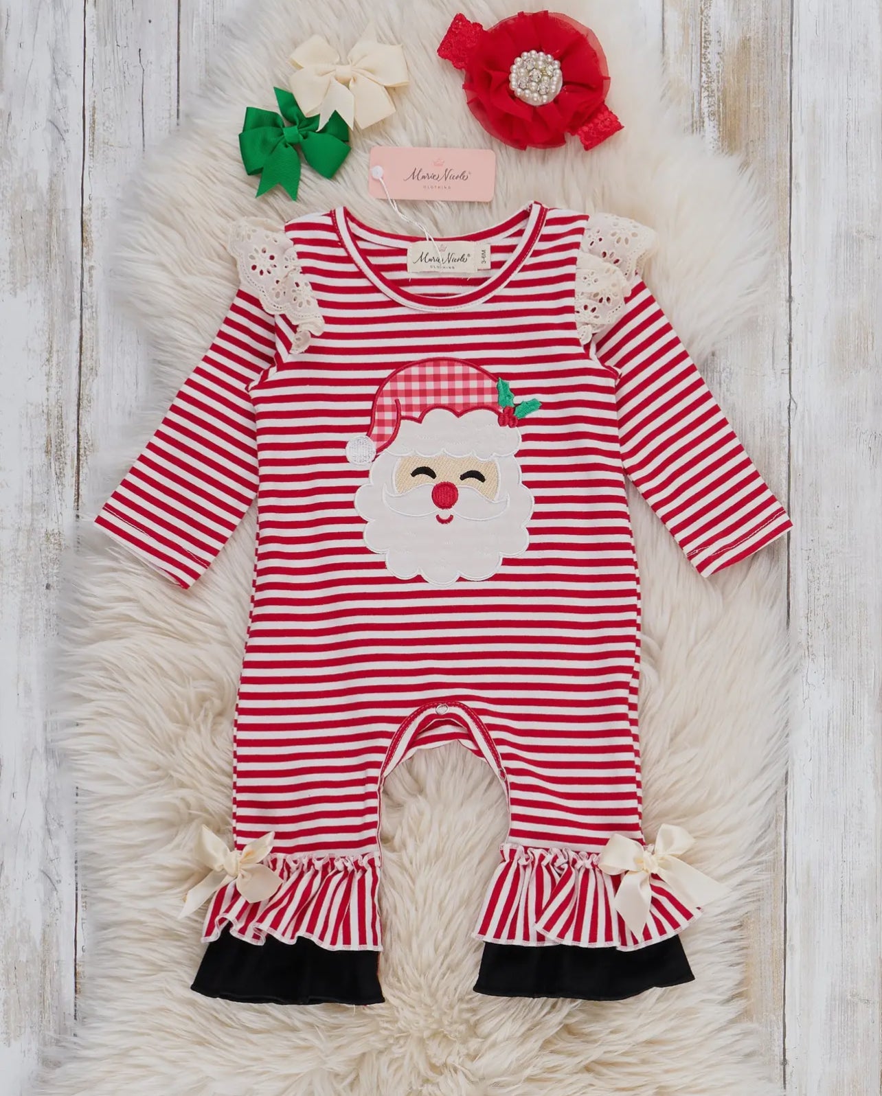 Striped Santa Embroidered Romper with Ribbon