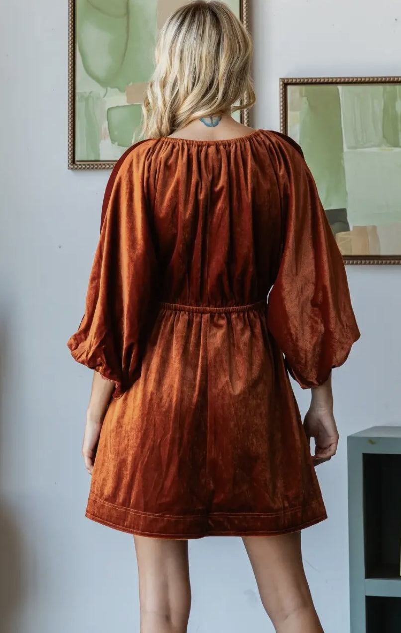 Velvetpuff Sleeve V Neck Dress