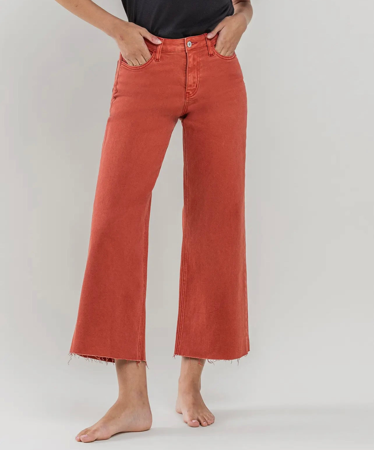 High Rise Clean Cut Raw Hem Wide Leg Jeans