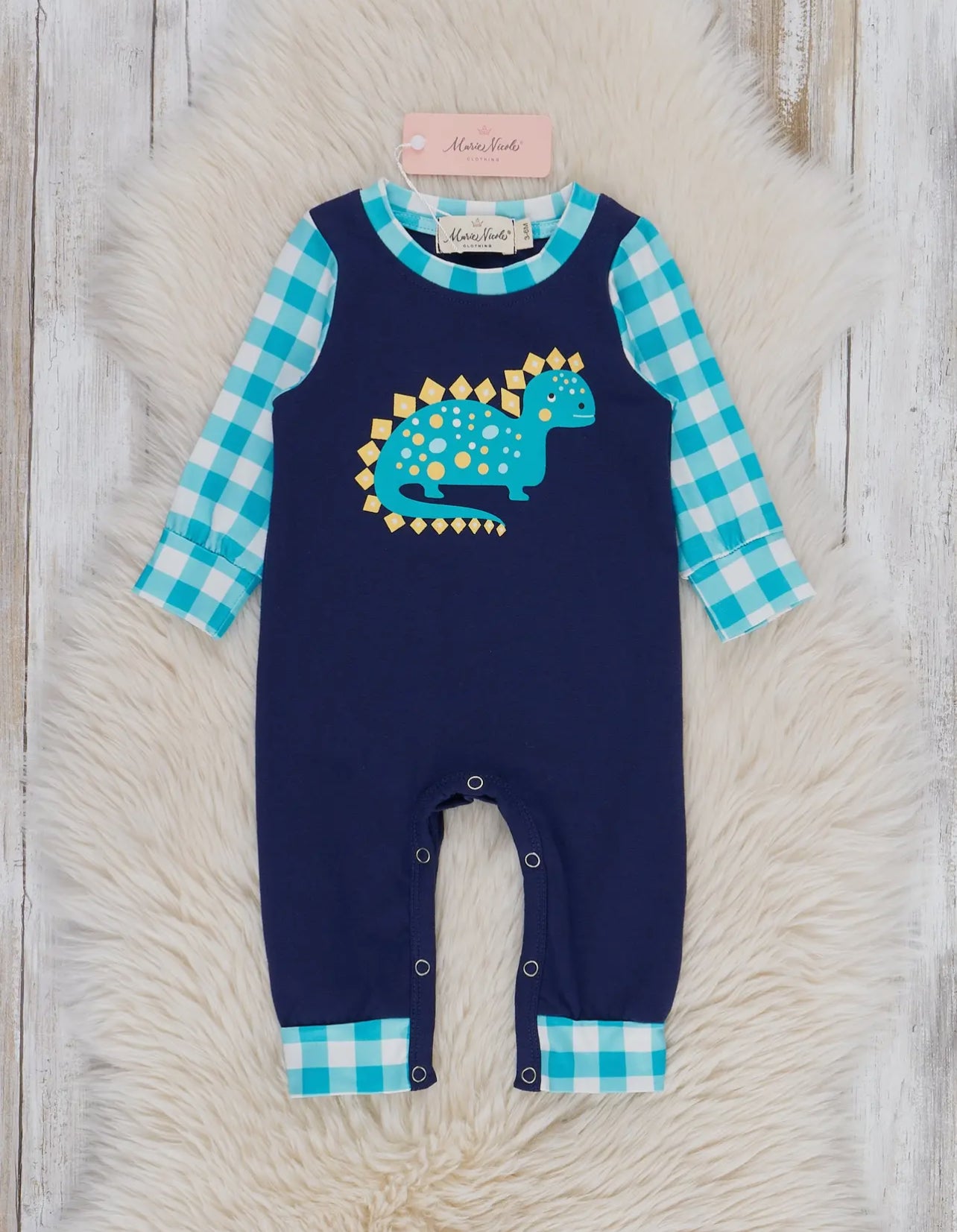 Navy & Teal Brontosaurus Plaid Romper